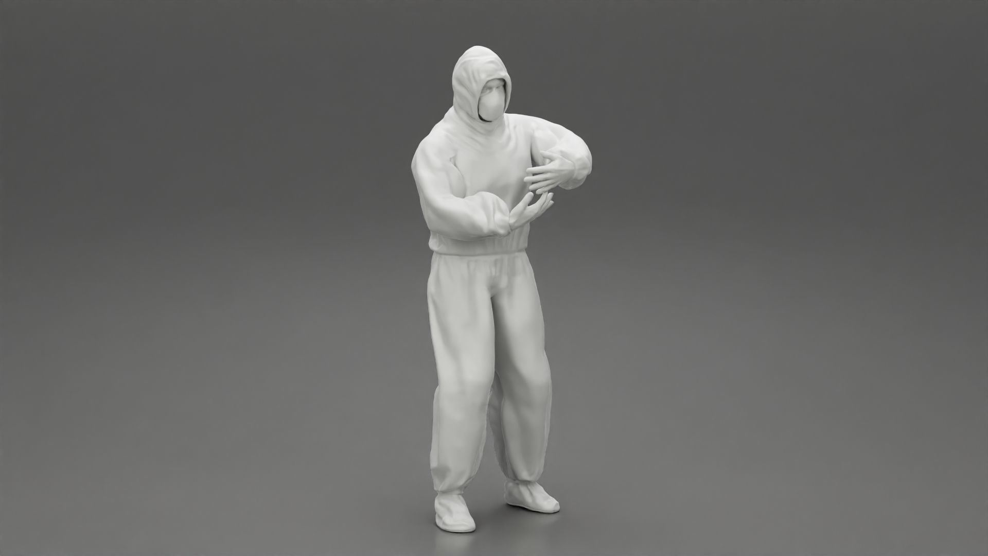 man wearing antivirus suit standing and carrying 3D print model_7