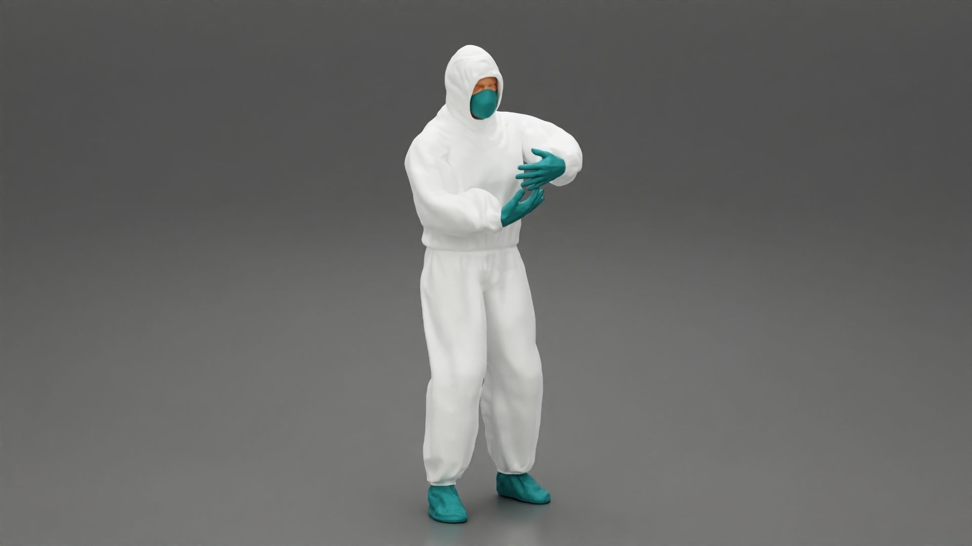 man wearing antivirus suit standing and carrying 3D print model_1
