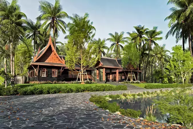 Thaihouse wooden house in middle of tropical forest