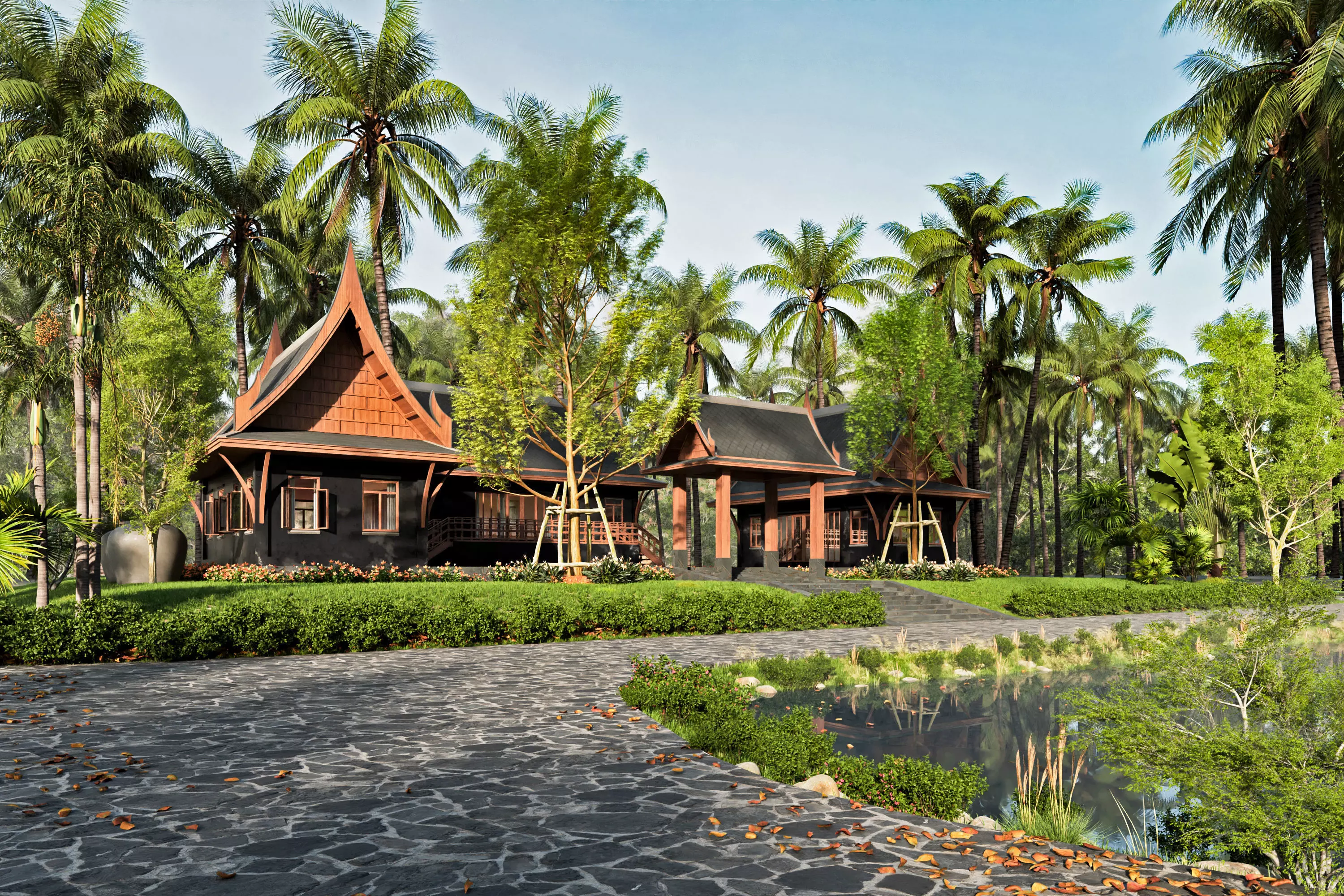 Thaihouse wooden house in middle of tropical forest 3D model | CGTrader