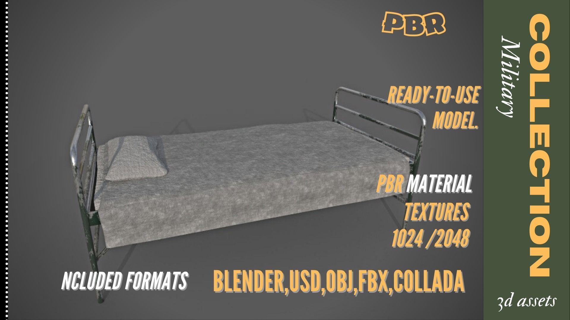 Military bed Modelo 3D Low-poly Low-poly 3D model_2