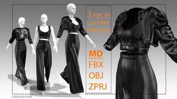 3Pieces LeatherDress2 MarvelousDesigner-CLO3D ZPRJ FBX OBJ MTL 3D model