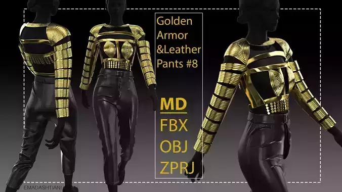 GoldenArmor and LeatherPants8  CLO3D ZPRJ FBX OBJ MTL