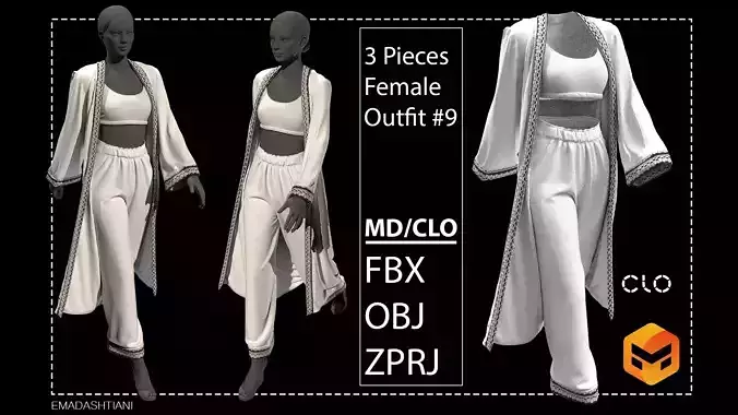 3 Pieces Female Outfit9  CLO3D ZPRJ FBX OBJ MTL 3D model