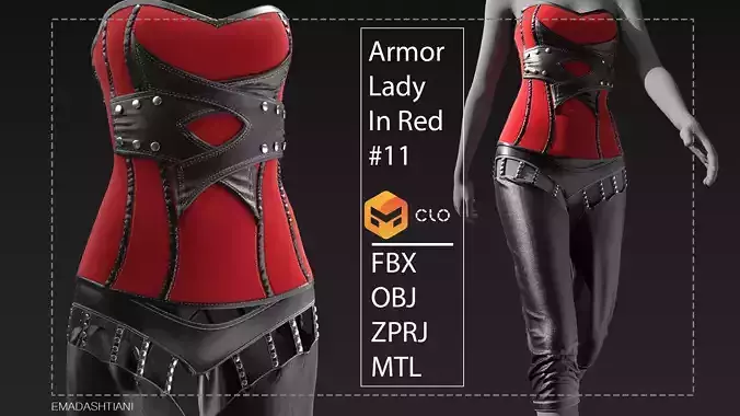 Armor Lady In Red11  MarvelousDesigner CLO3D ZPRJ FBX OBJ MTL