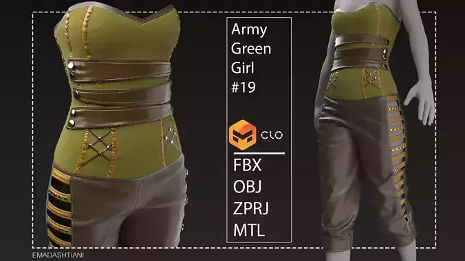 Army Green Girl 19  Marvelous Designer CLO3D ZPRJ FBX OBJ MTL
