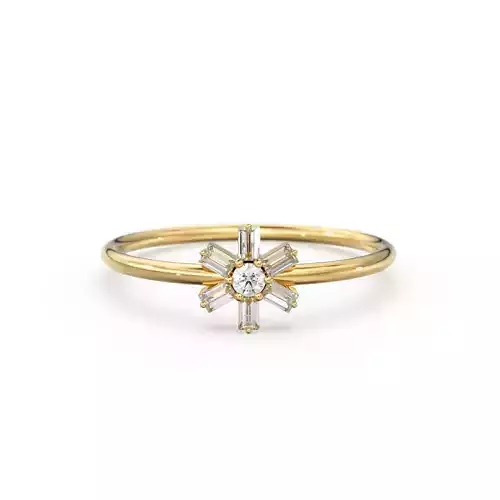 Baguette Diamond Flower Ring Minimalist Round Zircon Band 