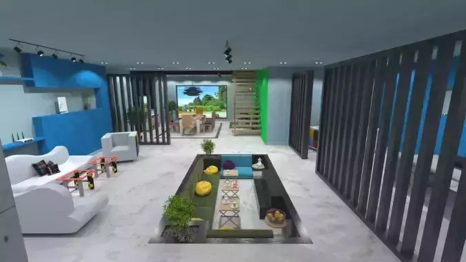 Dining room and Living room Interior floor plan for villa 3D model