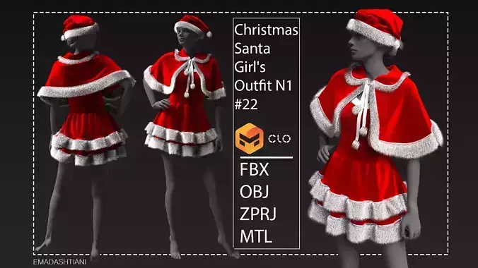 Christmas Santa Girls Outfit N1 22  CLO3D ZPRJ FBX OBJ MTL 