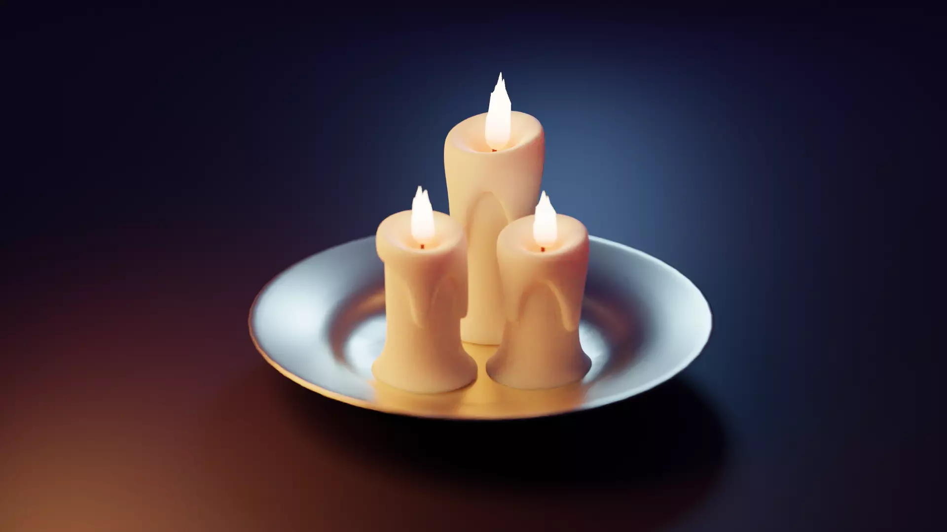 Candle three lit candles on silver plate 3D model_0