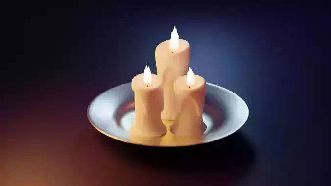 Candle three lit candles on silver plate 3D model