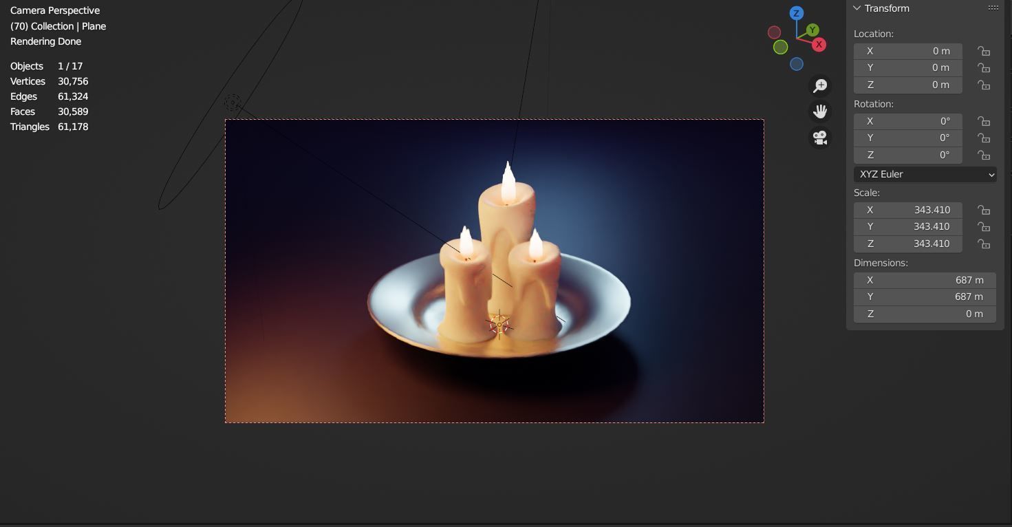 Candle three lit candles on silver plate 3D model_4