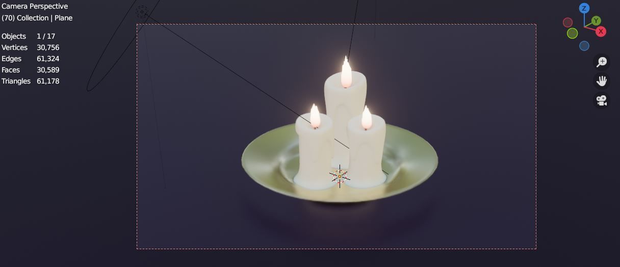 Candle three lit candles on silver plate 3D model_1