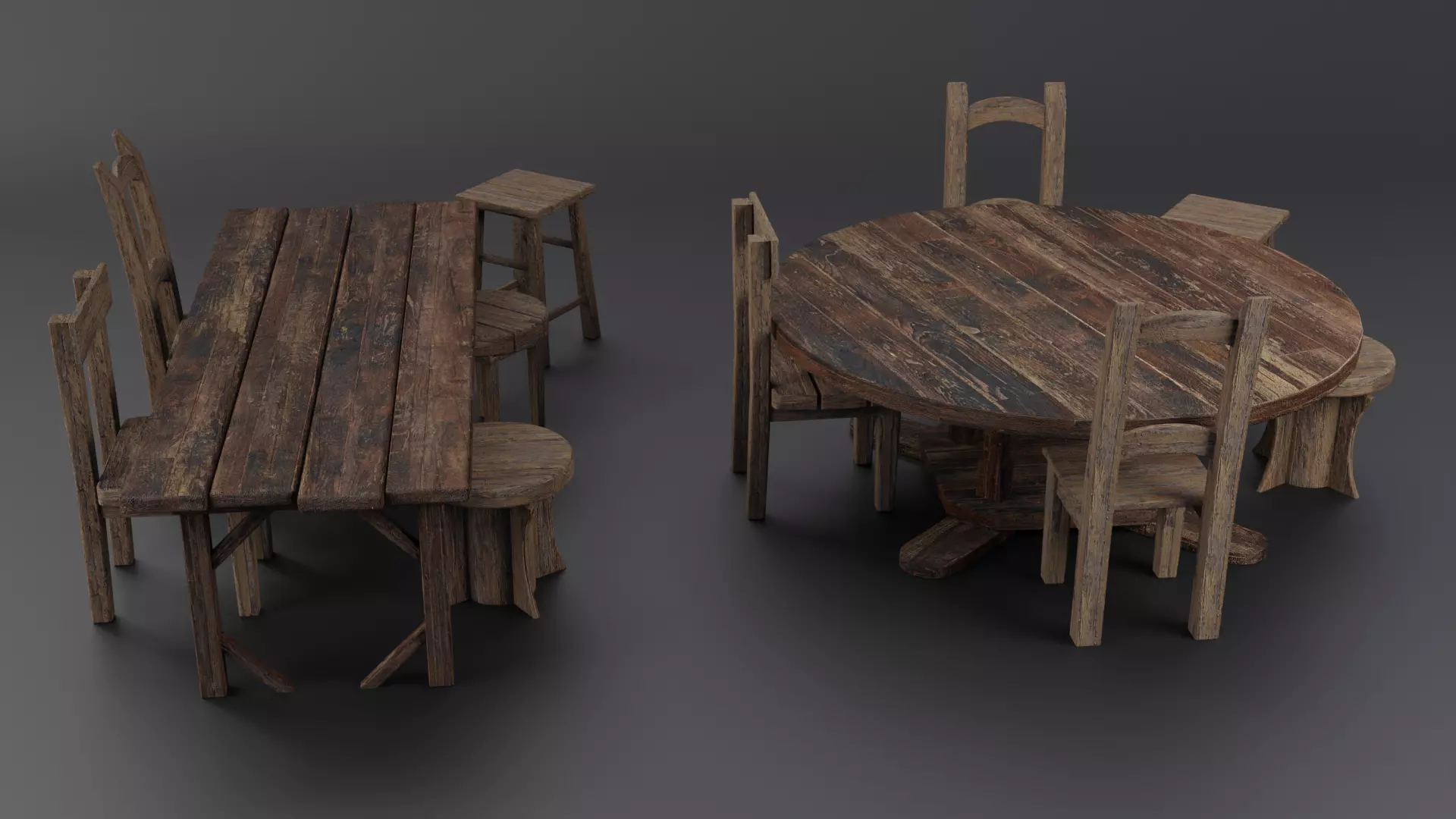 Medieval Tables and Chairs Low-poly 3D model_0