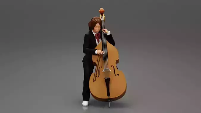 Beautiful young woman musician sitting on a vintage double bass