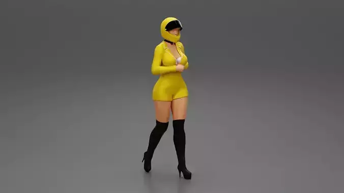 Sexy motorcyclist woman walking in helmet 3D print model