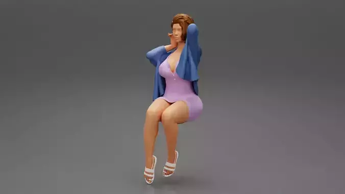 short hair woman in a dress sitting on a chair 3D print model