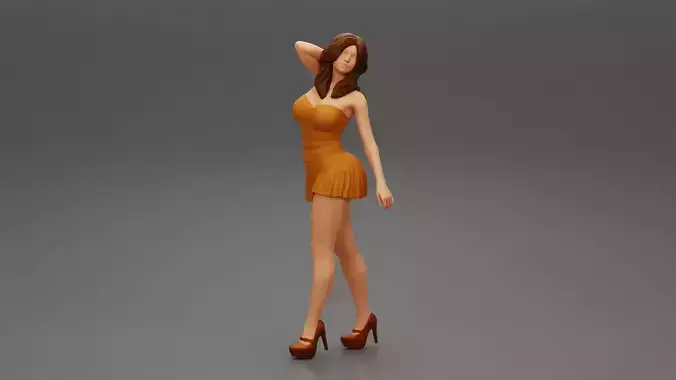 fashion girl walking with hand in hair in mini dress