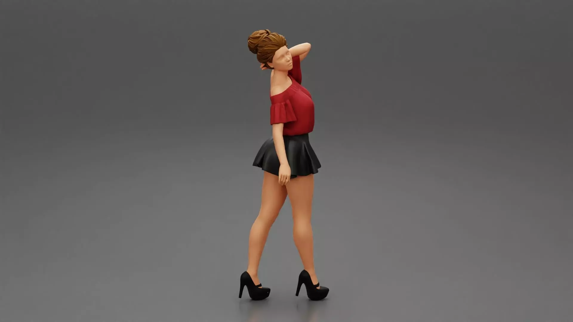 Girl walking wrearing a mini leather skirt and shirt 3D print model