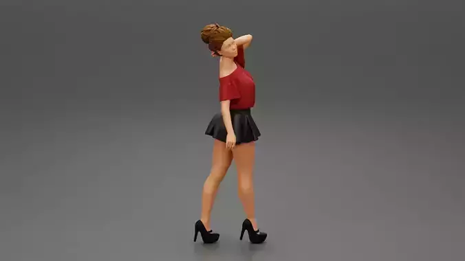 Girl walking wrearing a mini leather skirt and shirt