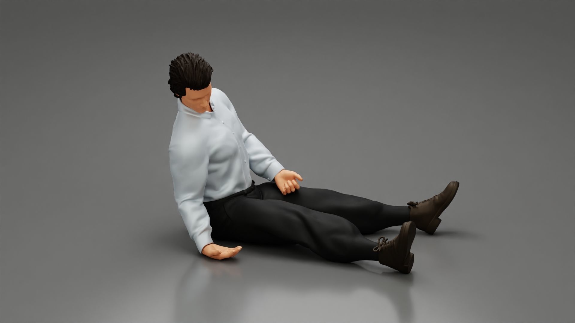 Accident of a male worker sitting on the floor with an injured 3D print model_2
