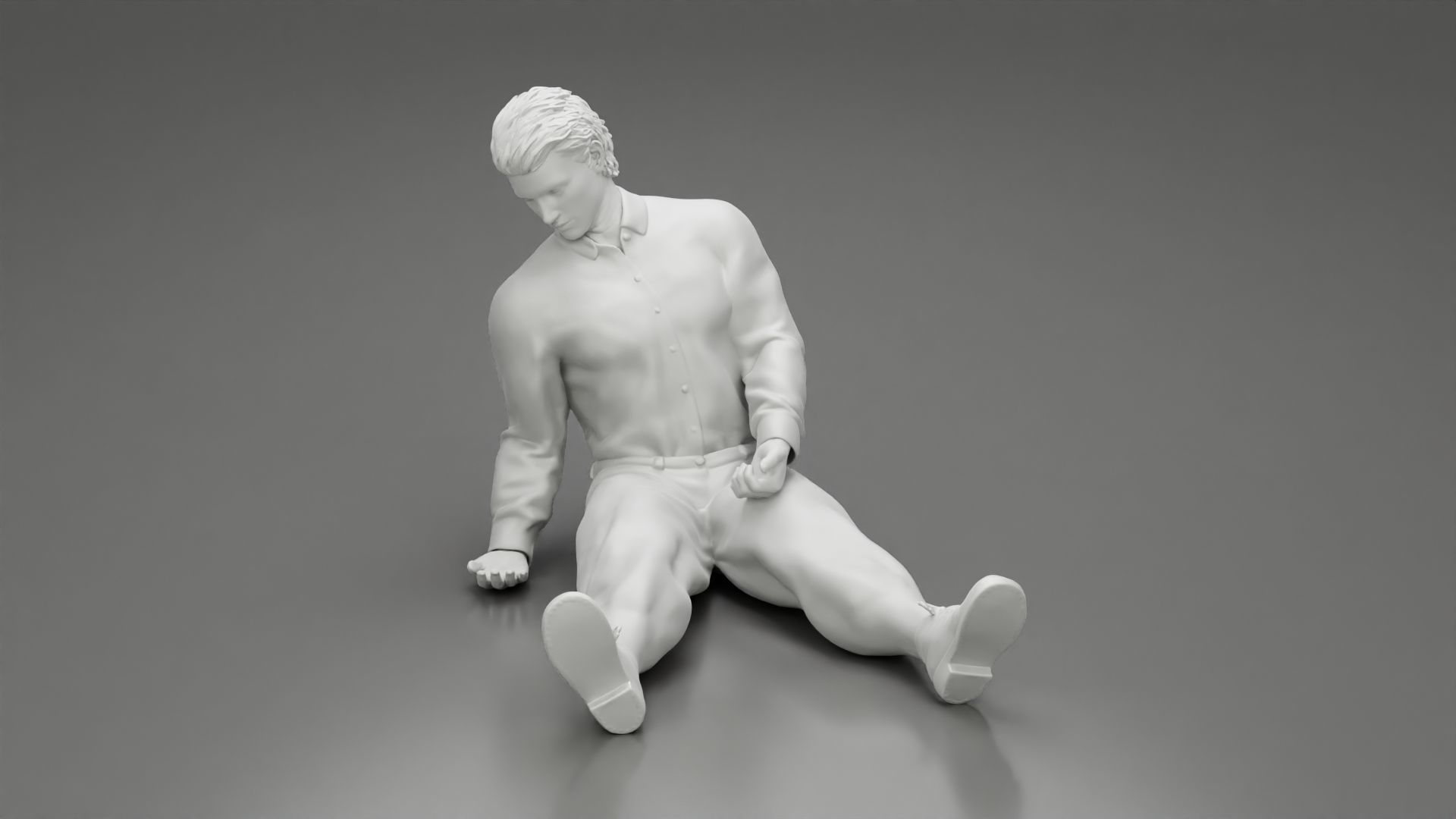 Accident of a male worker sitting on the floor with an injured 3D print model_7