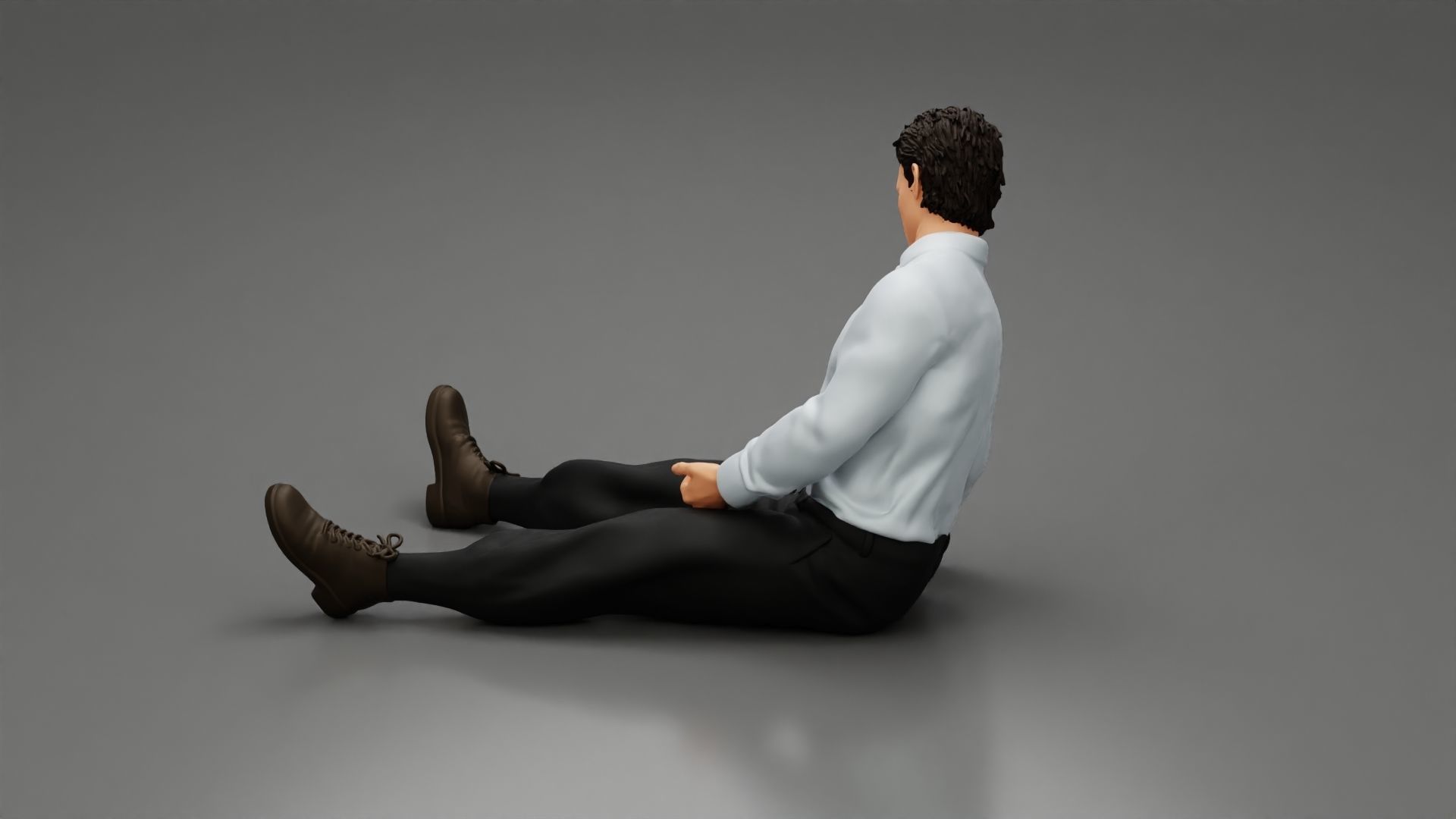 Accident of a male worker sitting on the floor with an injured 3D print model_5