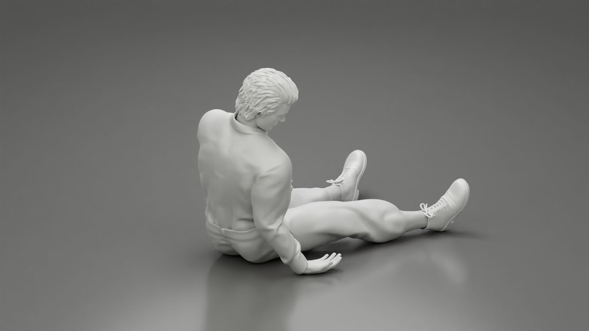 Accident of a male worker sitting on the floor with an injured 3D print model_9