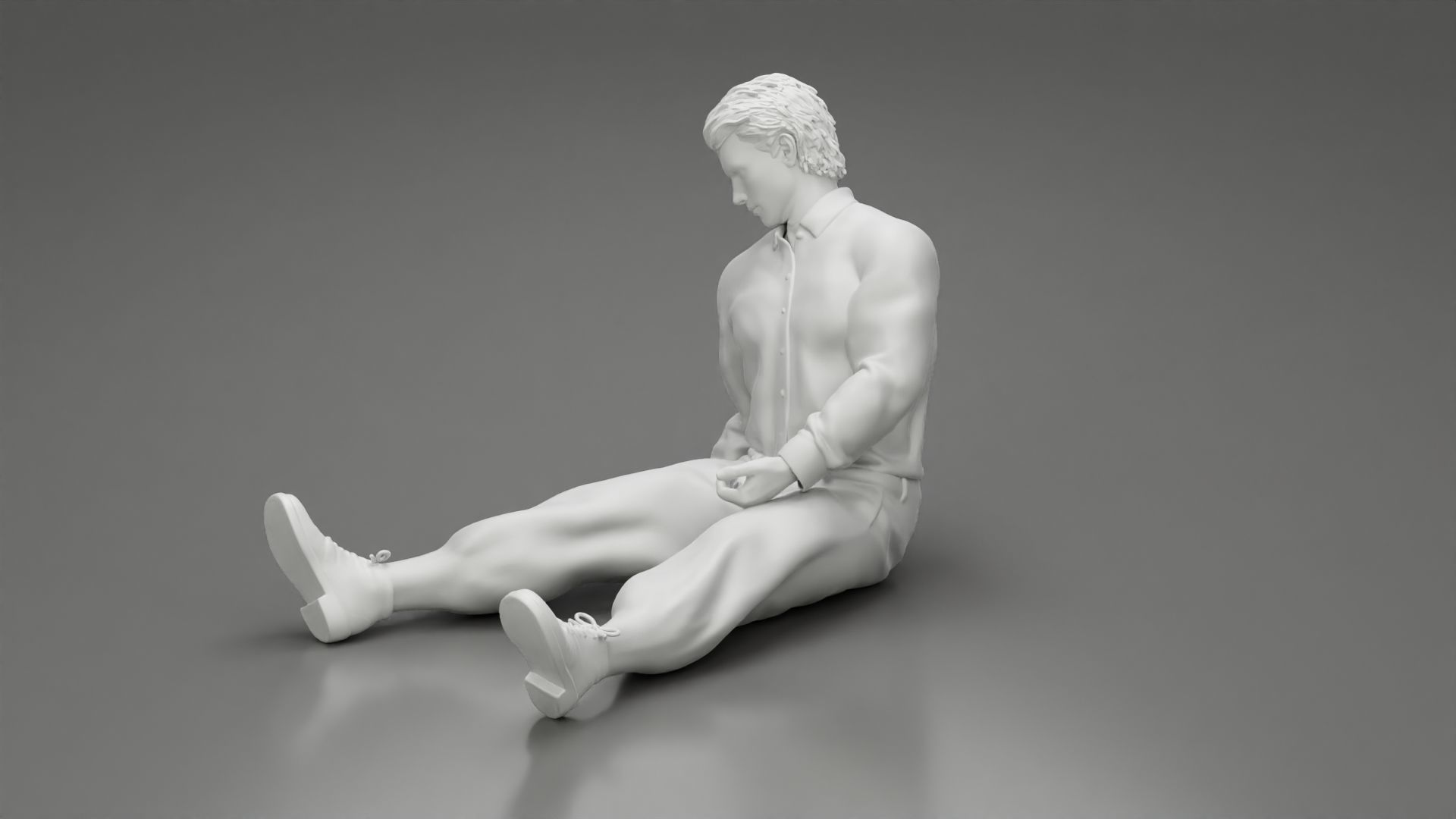 Accident of a male worker sitting on the floor with an injured 3D print model_6