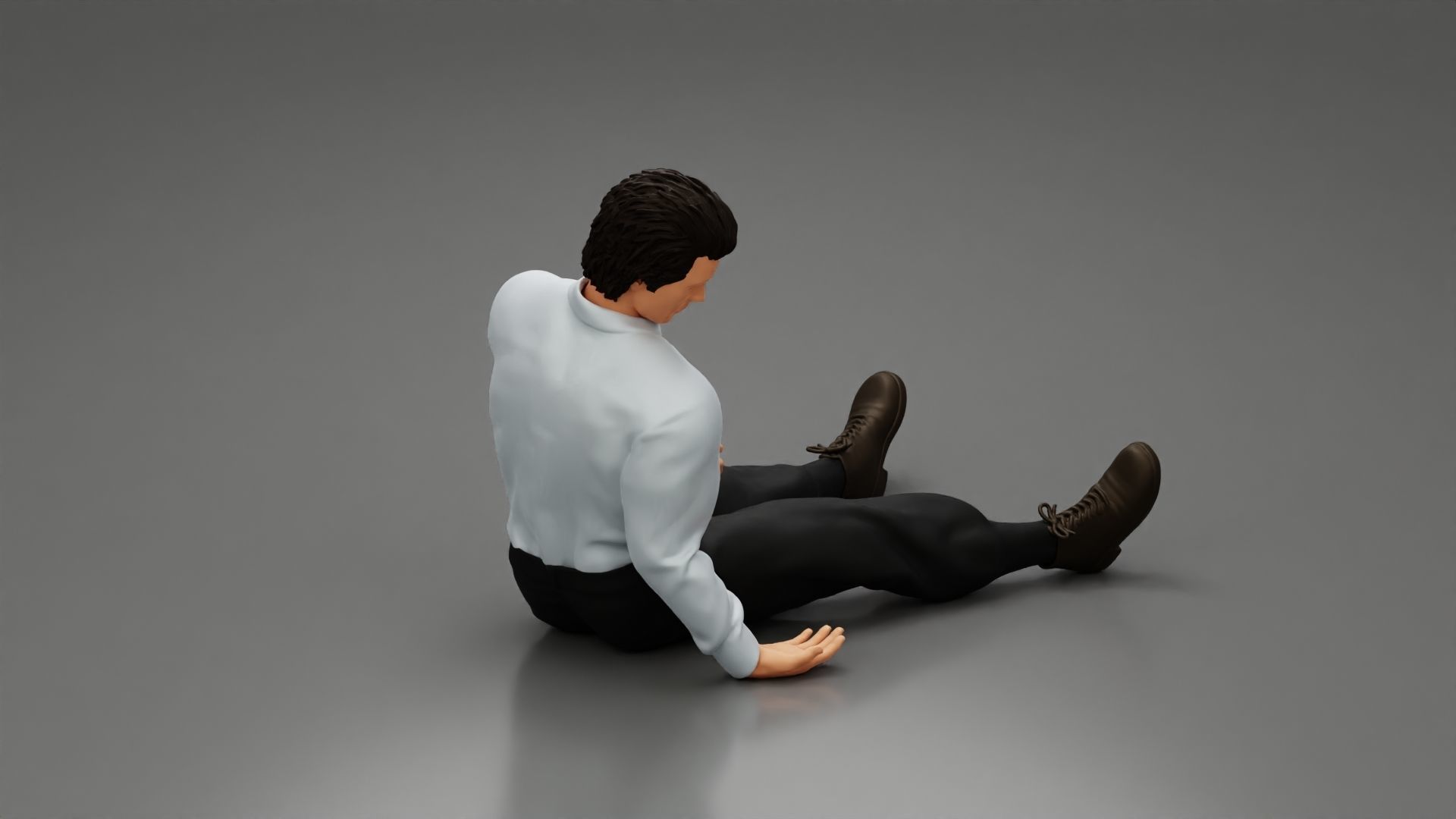 Accident of a male worker sitting on the floor with an injured 3D print model_3