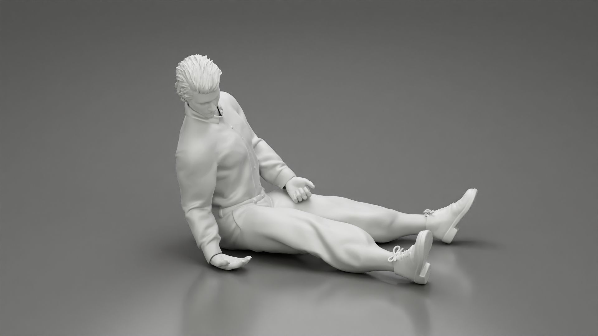 Accident of a male worker sitting on the floor with an injured 3D print model_8