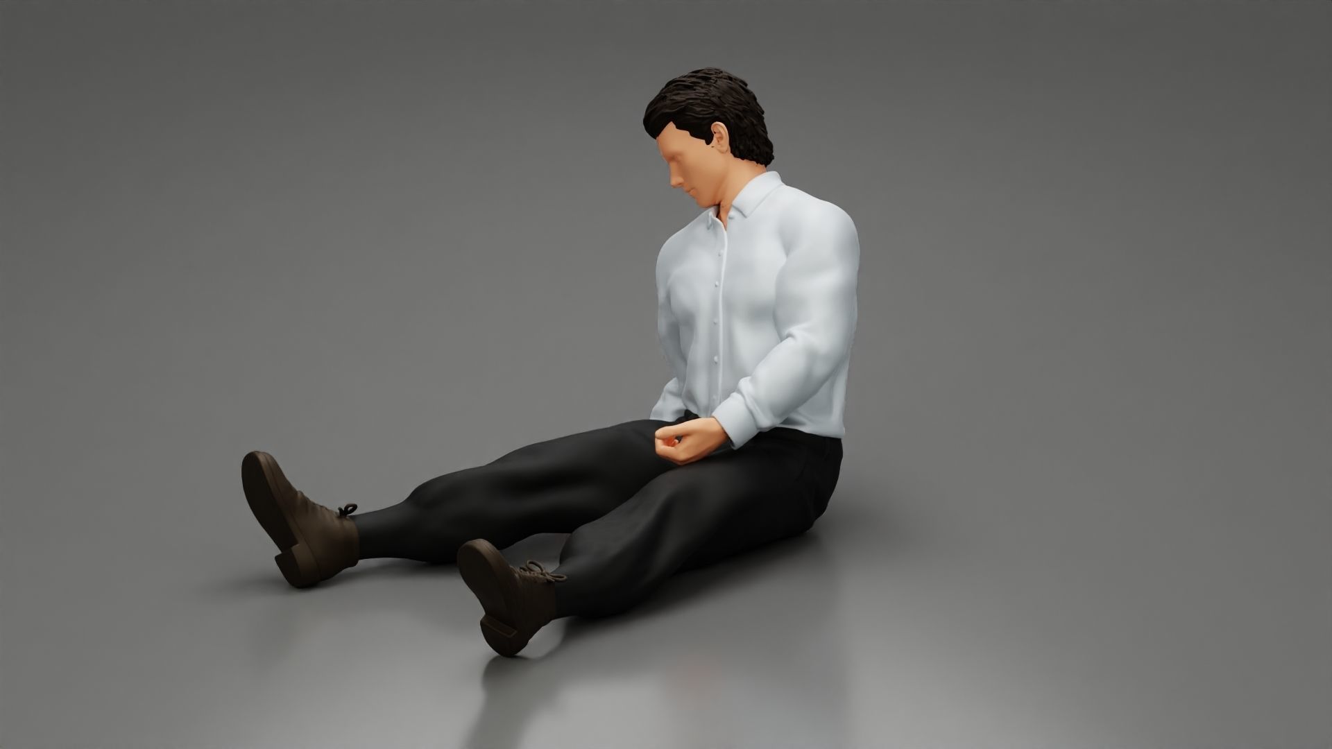 Accident of a male worker sitting on the floor with an injured 3D print model_1