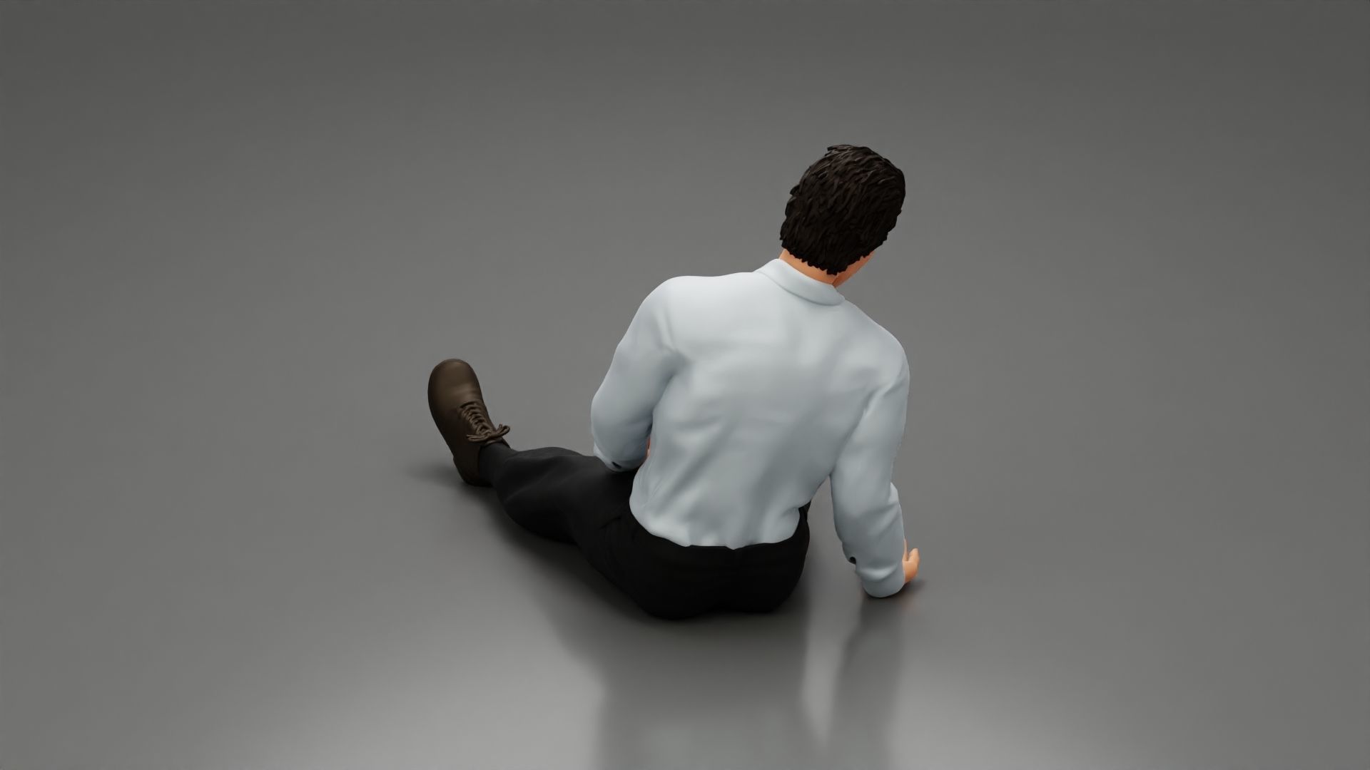 Accident of a male worker sitting on the floor with an injured 3D print model_4
