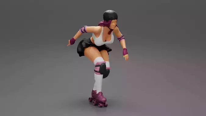 roller derby girl rolling fast with helmet