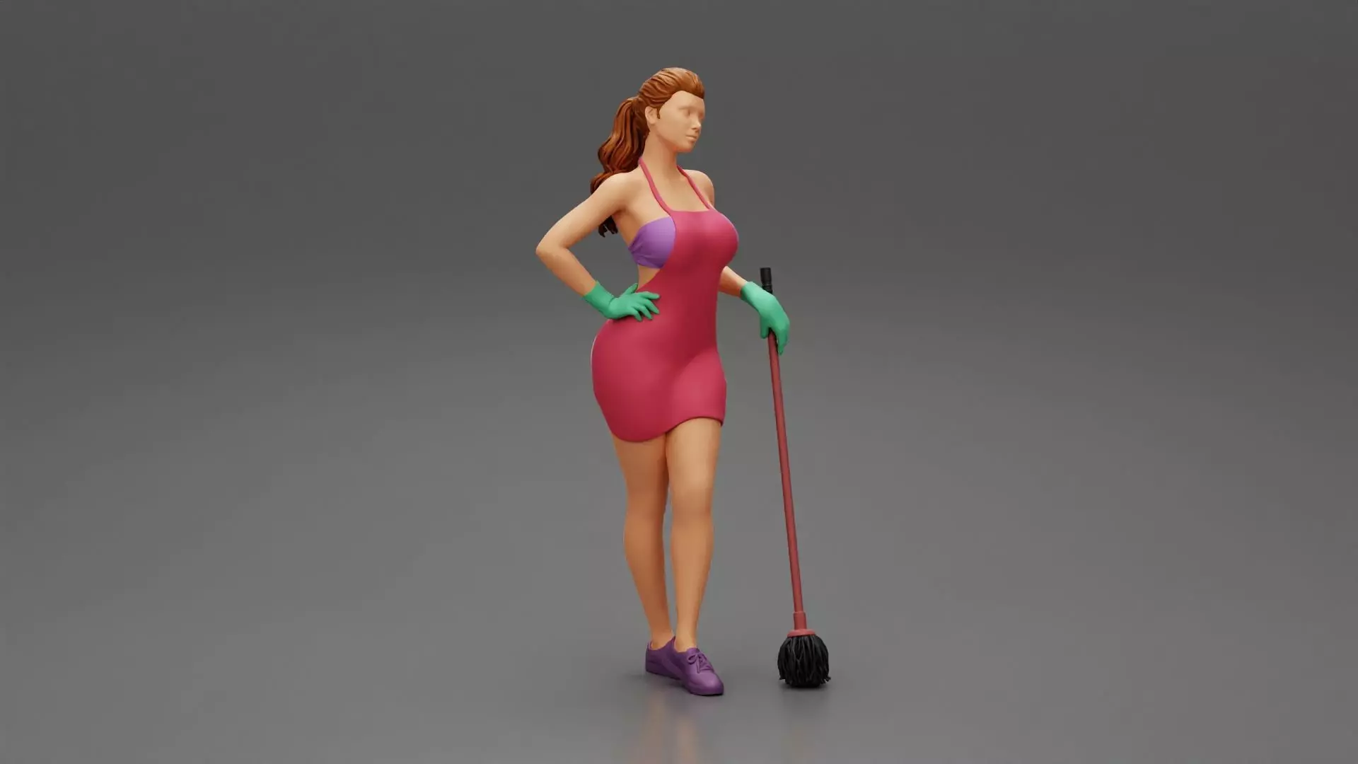 Tired Housewife Holding Mop While Standing 3D print model_0
