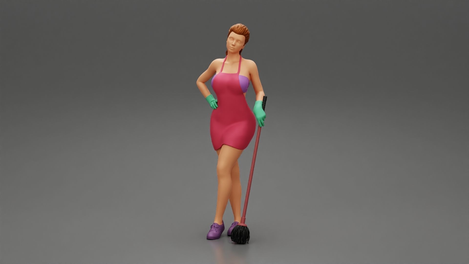 Tired Housewife Holding Mop While Standing 3D print model_5