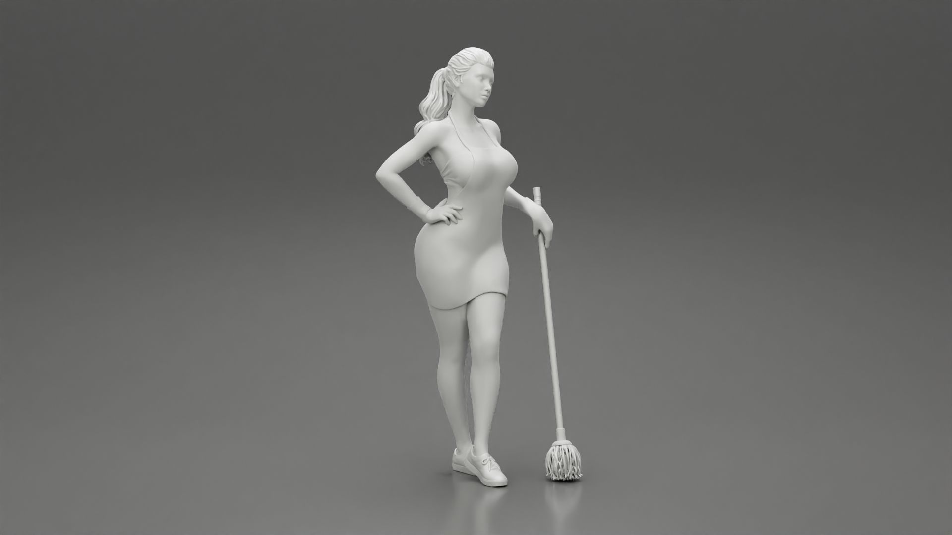 Tired Housewife Holding Mop While Standing 3D print model_6