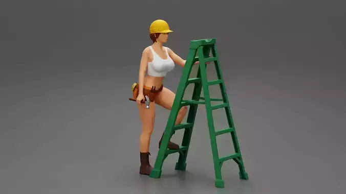 Young girl in helmet mechanic climbing the ladder