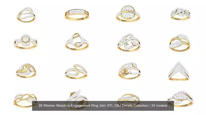 35 Women Wedding Engagement Ring 3dm STL OBJ Details Collection