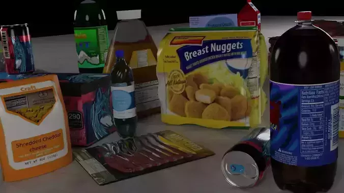 a verity of refrigerator food with unique off brand labels 