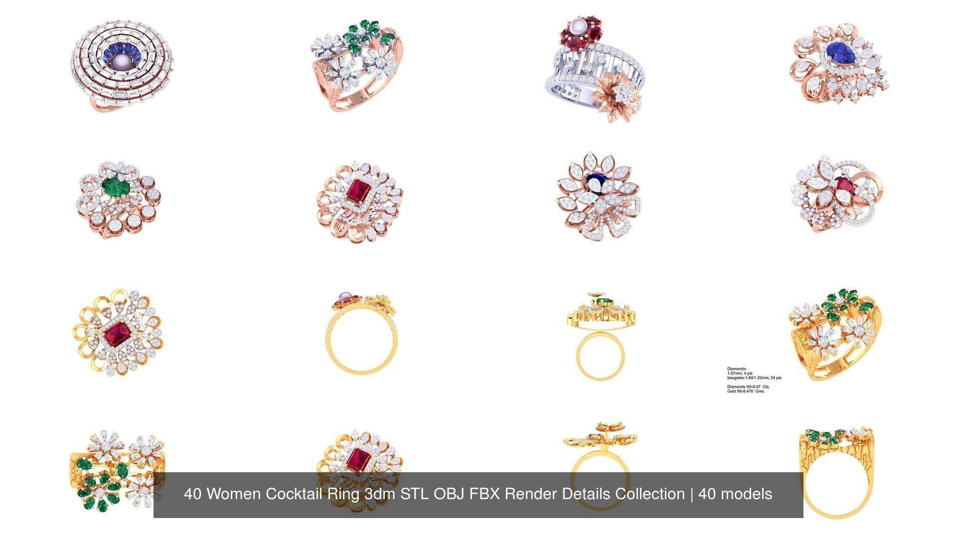 40 Women Cocktail Ring 3dm STL OBJ FBX Render Details Collection _4
