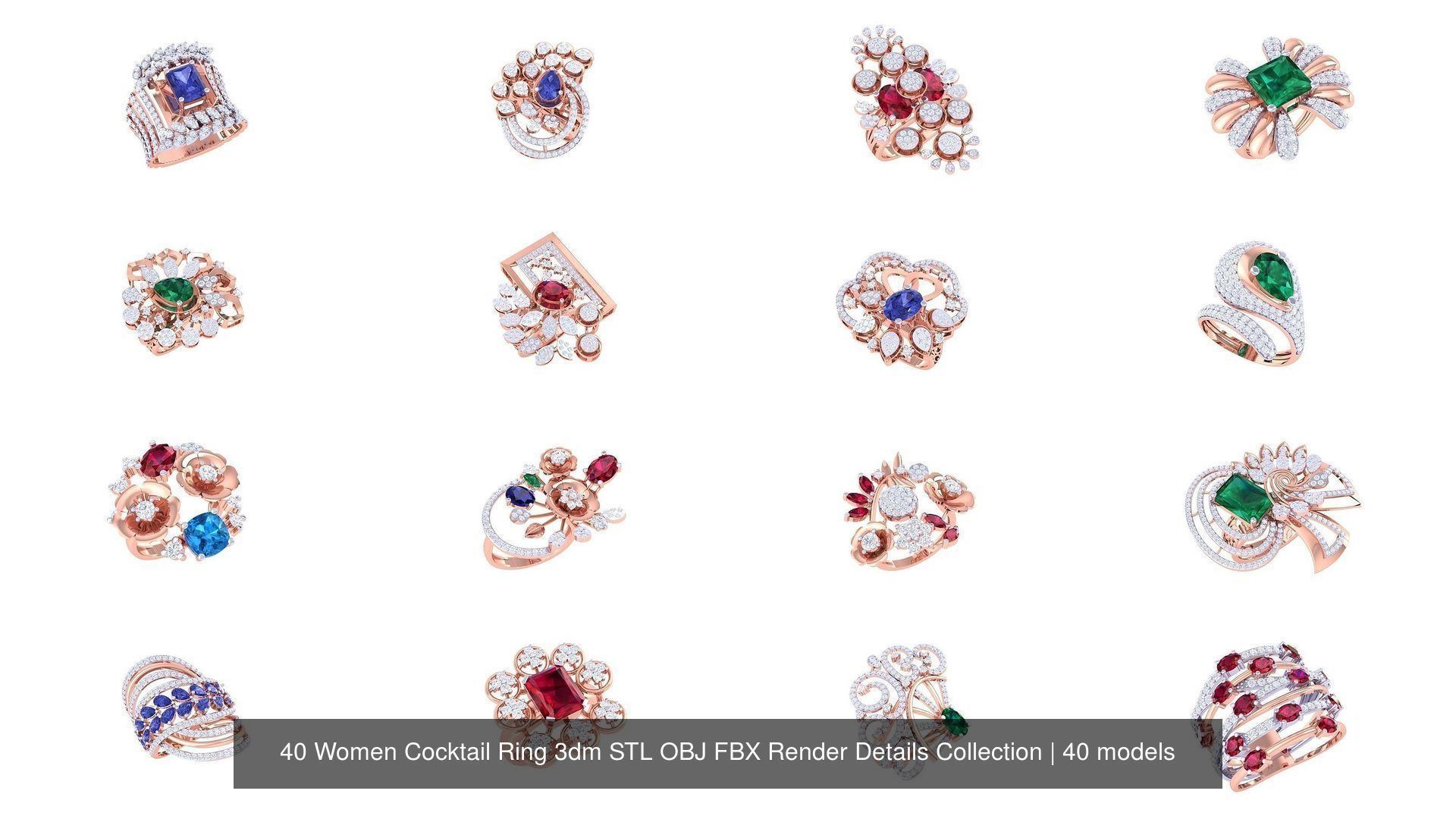 40 Women Cocktail Ring 3dm STL OBJ FBX Render Details Collection _2