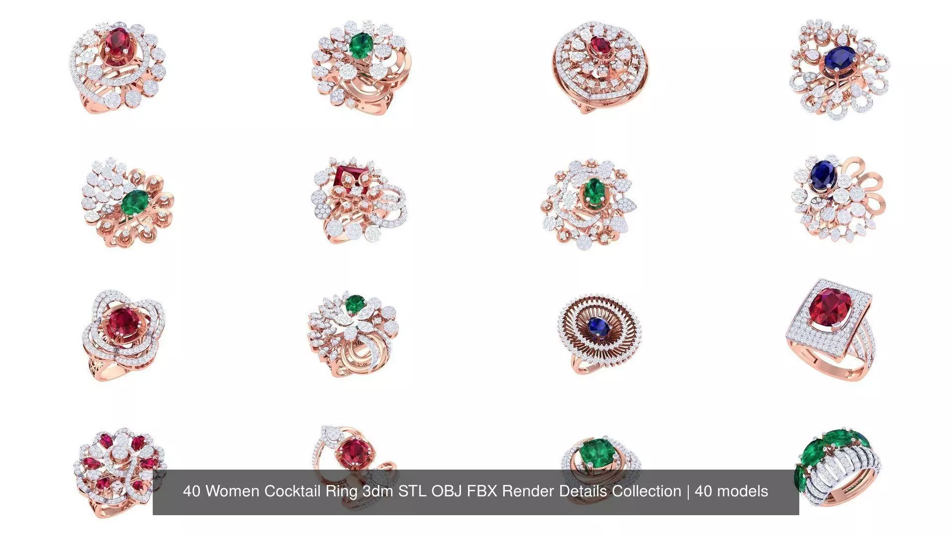 40 Women Cocktail Ring 3dm STL OBJ FBX Render Details Collection _0