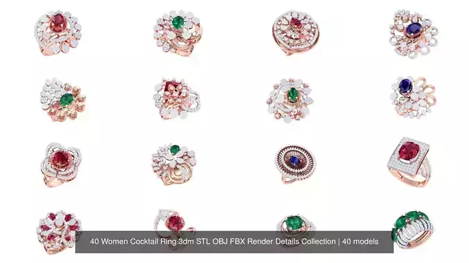 40 Women Cocktail Ring 3dm STL OBJ FBX Render Details Collection 