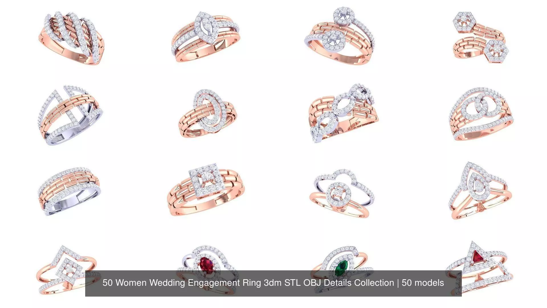 50 Women Wedding Engagement Ring 3dm STL OBJ Details Collection _0