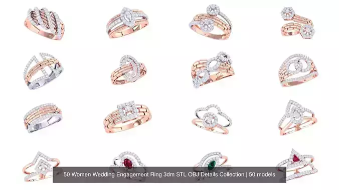 50 Women Wedding Engagement Ring 3dm STL OBJ Details Collection 