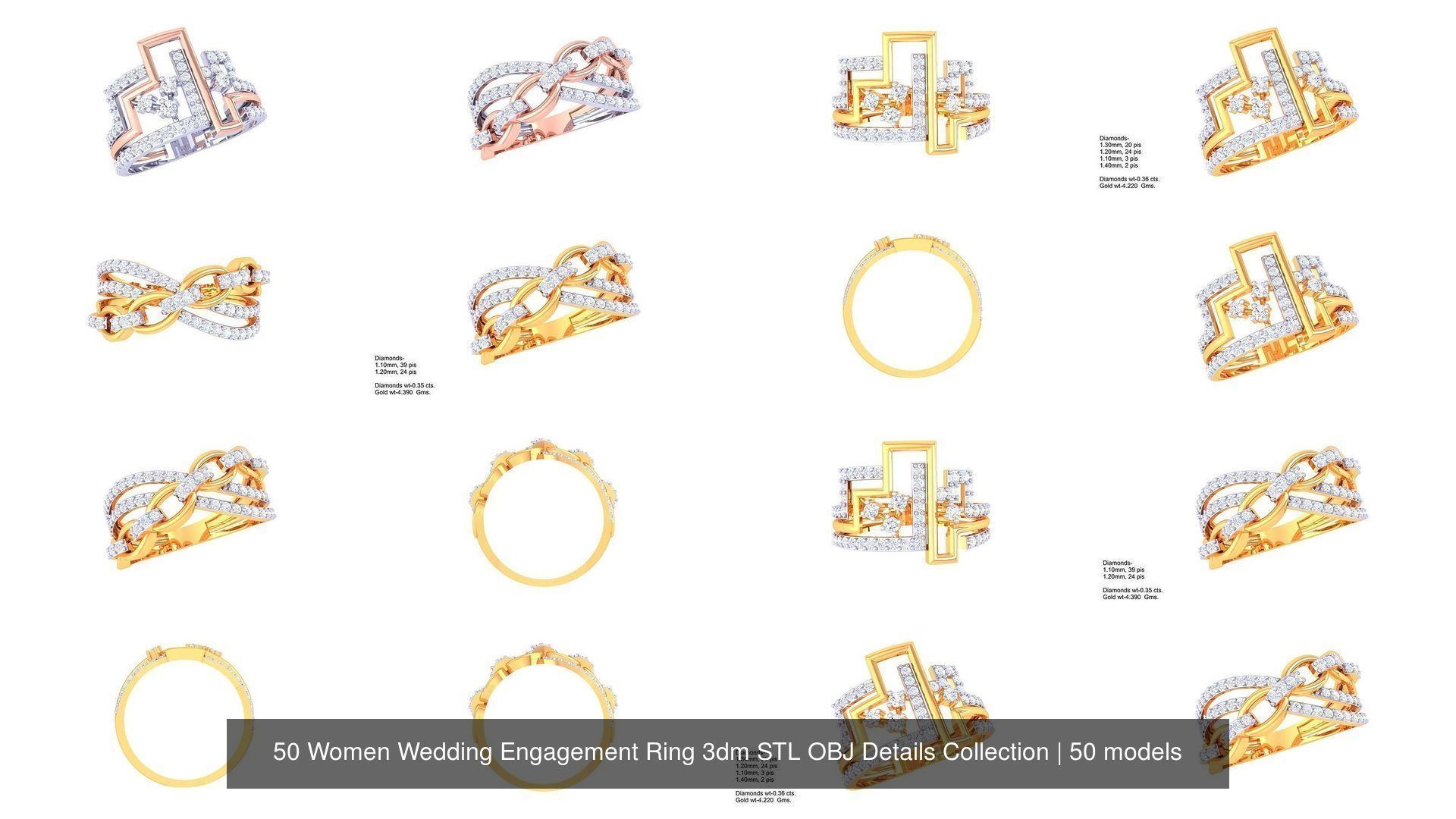 50 Women Wedding Engagement Ring 3dm STL OBJ Details Collection _6