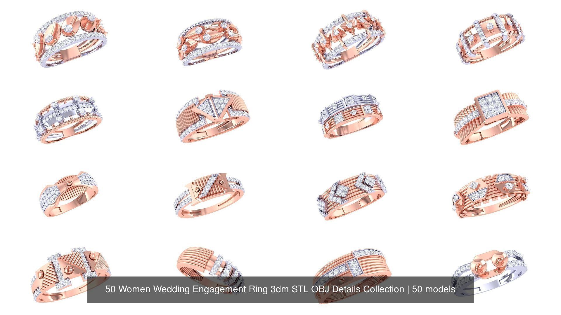 50 Women Wedding Engagement Ring 3dm STL OBJ Details Collection _4