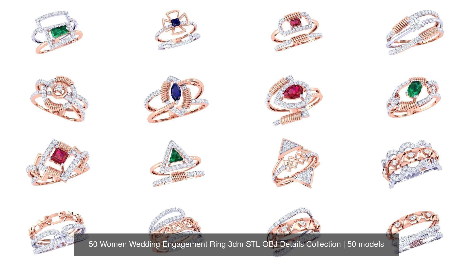 50 Women Wedding Engagement Ring 3dm STL OBJ Details Collection _2