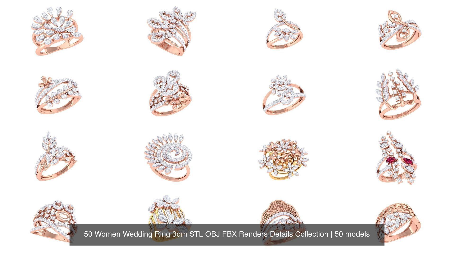 50 Women Wedding Ring 3dm STL OBJ FBX Renders Details Collection _4